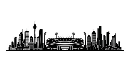 Obraz premium Melbourne City Skyline Silhouette Featuring The Iconic Cricket Ground Stadium.