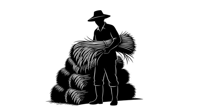 Man holding haystack in field.