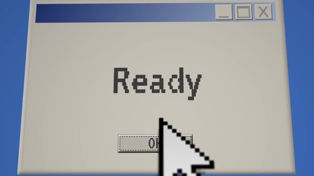 Dynamic angled view of a retro update window with loading bar and bold pixel cursor, software installation concept for tech promos and digital transformation ads