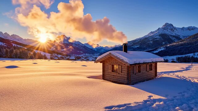 Rustic wooden cabin in a snowy mountain valley at sunrise. Smoke rising from a chimney in a winter landscape with snow-capped peaks. Remote alpine getaway