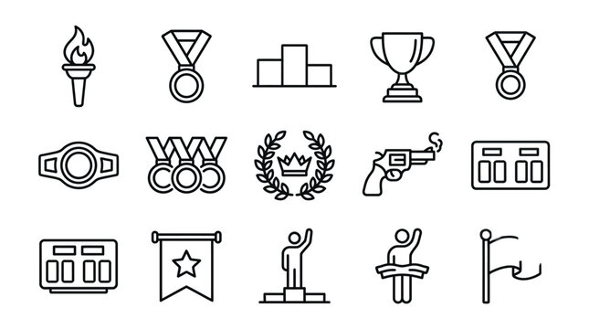 Set of fifteen line art sport competition and victory icons.
