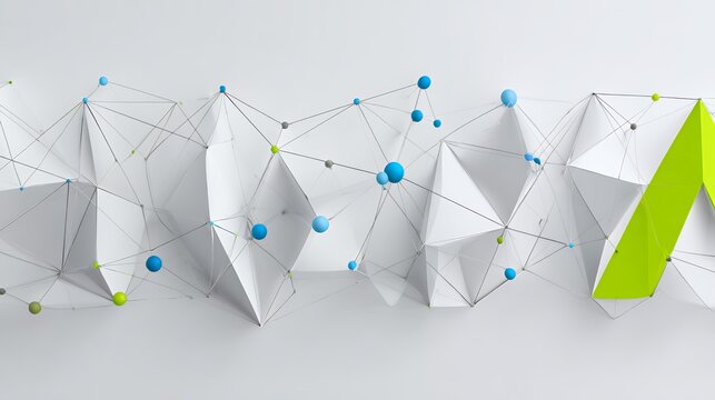 3d abstract white geometric background with green and blue network nodes, low poly connecting lines for technology and science design