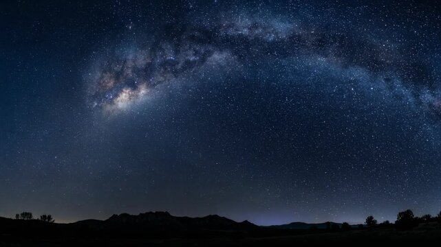 Stunning Milky Way galaxy arching over dark mountain landscape under starry night sky