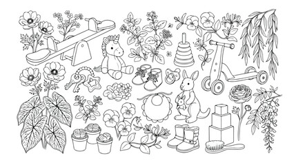 Obraz premium ベビー用品と植物の線画イラストセット、子供向けおもちゃ、動物、花、葉っぱのベクターコレクション、塗り絵やデザイン素材に最適