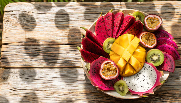 Colorful Tropical Fruit Bowl Arrangement on Rustic Wooden Table Outdoor