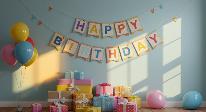 Colorful birthday decorations with gifts and balloons in a party room  