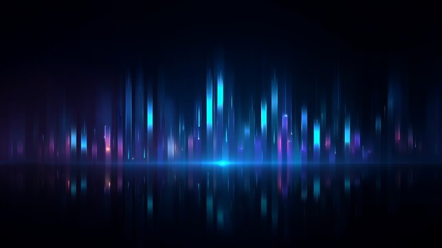 glowing neon abstract vertical data lines and equalizer waves on dark background with reflection for tech and financial visualization