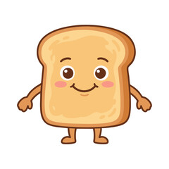 Fototapeta premium Smiling cartoon bread mascot character with arms and legs standing isolated on white background