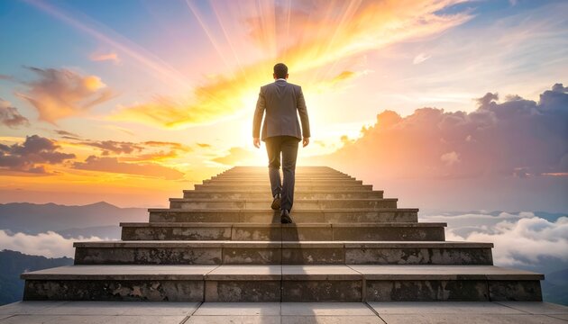 Leadership and innovation background with a person ascending steps toward enlightenment, representing determination, growth, strategic thinking, and success.