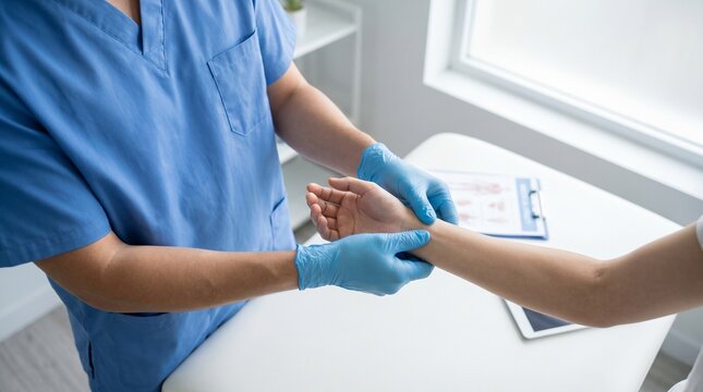 Doctor checking patient pulse during a medical examination in clinic