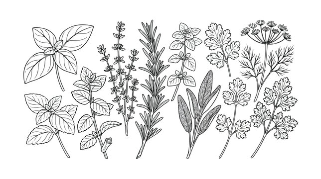 Aromatic culinary herbs, hand-drawn vector illustration set. Fresh organic cooking ingredients, botanical line art collection for food packaging and recipe designs.