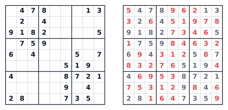 Sudoku square vector puzzle with outlined grid and solution  
