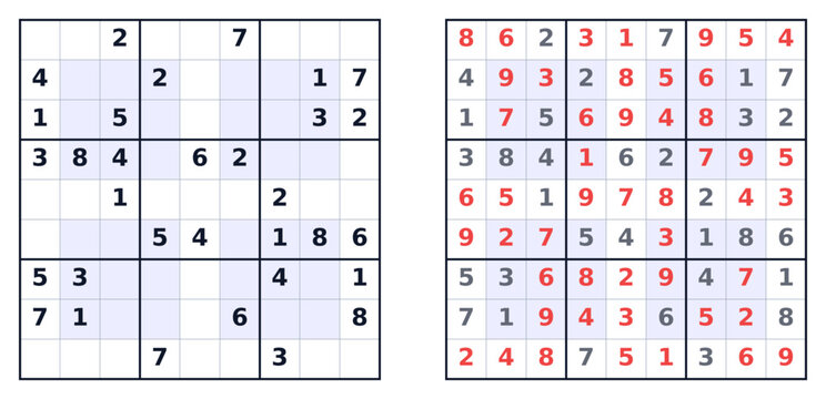 Sudoku puzzle with solved and unsolved grids on white background  