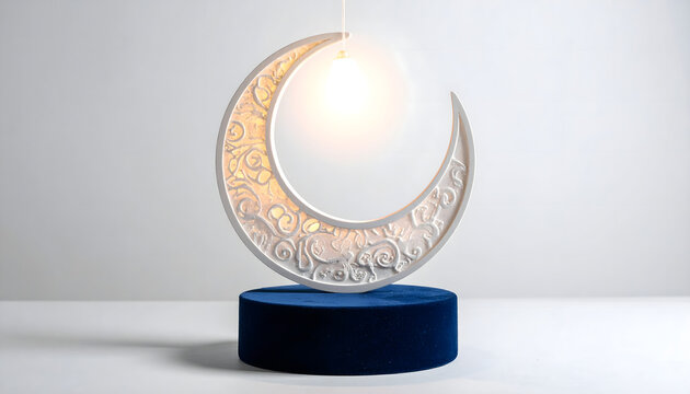 A decorative crescent moon lamp with intricate designs stands on a blue base with a glowing light inside.