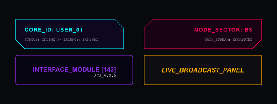 Cyberpunk user interface set featuring status bars and futuristic panel designs.
