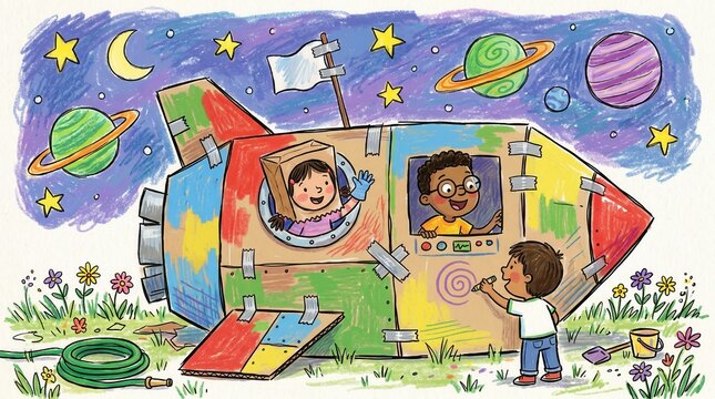 Children play in a colorful cardboard rocket ship, one drawing, others inside