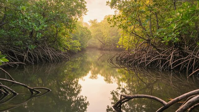 Peaceful mangrove forest with calm water and green foliage in the soft sunlight