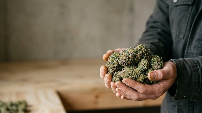 Hands cupped holding a harvest of dried cannabis flowers