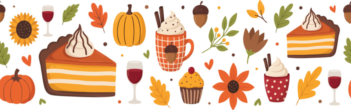 Cozy autumn seamless pattern with pumpkin pie, hot drinks, and fall leaves on white background