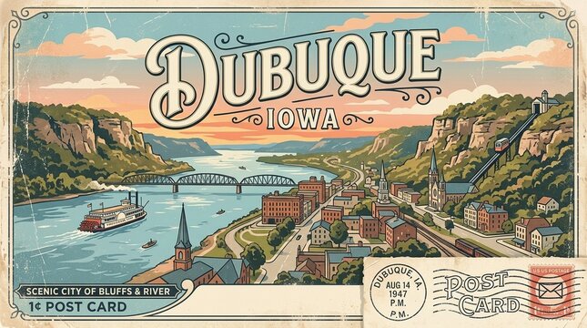 Vintage Travel Postcard of Dubuque, Iowa, Featuring the Mississippi River, Riverboat, Scenic Bluffs, Historic Town, and Fenelon Place Elevator Incline Railway Illustration