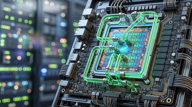 High performance liquid cooled AI superchip module with green coolant 3D illustration with copy space