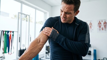 Fototapeta premium Injured man suffering from bicep muscle pain after intense gym workout