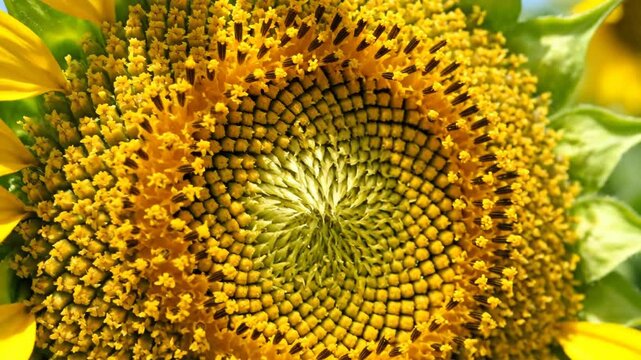 Macro shot of blooming sunflower disk showing intricate spiral pattern of yellow florets, visible pollen grains, and golden ray petals under natural outdoor sunlight.