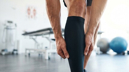 Fototapeta premium Man adjusting black compression sleeve on his leg during physical therapy session in a modern clinic.