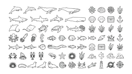 Oceanic marine life vector icon set, hand-drawn sea creatures and underwater elements, black and white line art collection for aquatic themes, educational materials, and nature designs. © Kuch_Bhi