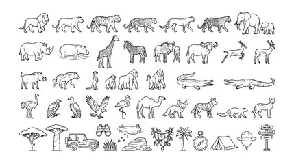 Safari animals and wildlife vector icon set, hand-drawn African savanna fauna and nature elements, black and white line art collection for travel and adventure designs. © Kuch_Bhi