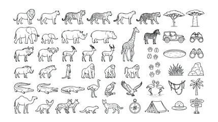 Safari adventure vector icon set, hand-drawn wildlife animals and African landscape elements, detailed black and white safari collection for travel and nature designs © Kuch_Bhi