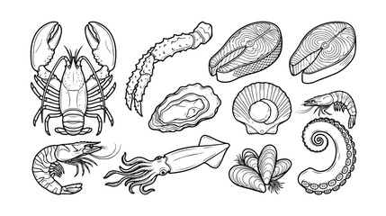 Fototapeta premium Seafood vector line art collection, fresh ocean catch illustration set. Hand-drawn marine food elements, gourmet restaurant menu design, and healthy eating graphics.