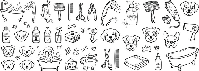 Fototapeta premium Dog grooming tools and accessories arranged in a pattern with cute puppy faces and bathtubs