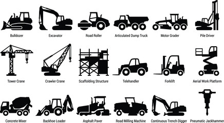 WebHeavy construction machinery and vehicles vector silhouette icons set featuring industrial equipment and building site transport © Rubina