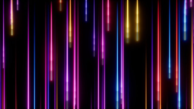 Abstract neon light streaks on black background with glowing vertical lines in vivid colors