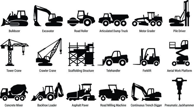 WebHeavy construction machinery and vehicles vector silhouette icons set featuring industrial equipment and building site transport