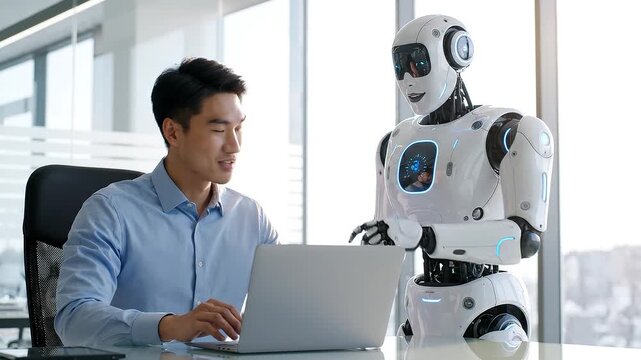 Asian businessman collaborating with humanoid robot in modern office. Professional interaction between human and artificial intelligence in corporate setting. Panning medium shot.