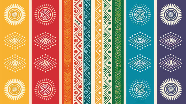Seamless ethnic pattern with tribal sun and diamond symbols, colorful vertical stripes with geometric folk art motifs, traditional textile design