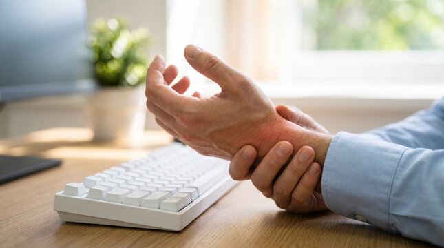 Office worker holding painful wrist at desk with keyboard, suffering from carpal tunnel syndrome