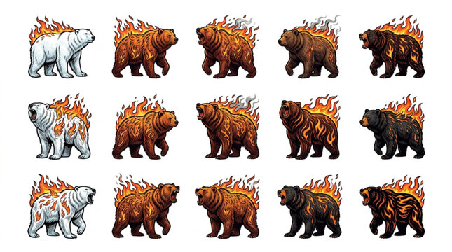 Bears on fire pixel art collection.