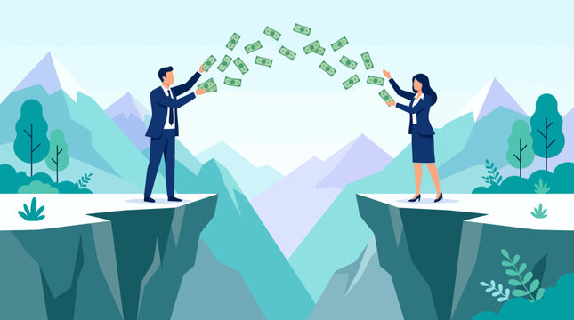 Financial Bridge and Wealth Exchange featuring business people throwing money across a mountain gap, ideal for investment concepts, financial partnership, and global trade marketing.