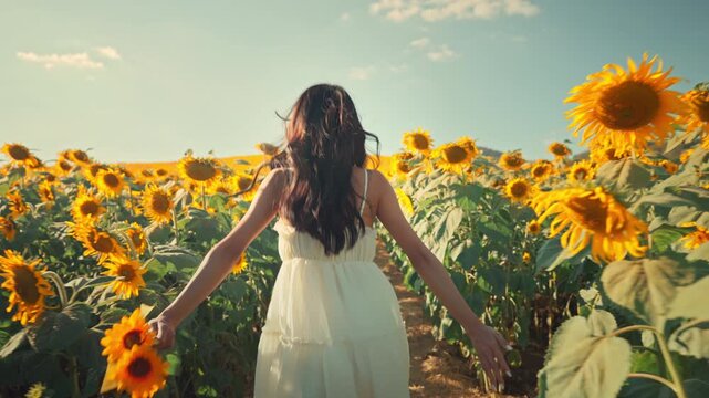 Low angle rear view of young caucasian woman in white dress running through beautiful blooming sunflower field during warm golden hour sunset, expressing freedom, mindfulness, and happiness in nature.