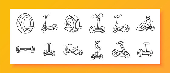 Personal electric transport set icon. Line icons display monowheel, scooter, gyroscooter, segway, trike scooter, go kart, hoverboard, seat kart, rider on scooter, compact mobility devices. © Кирилл Макаров