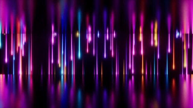 Abstract neon light streaks on a dark reflective background, looped video