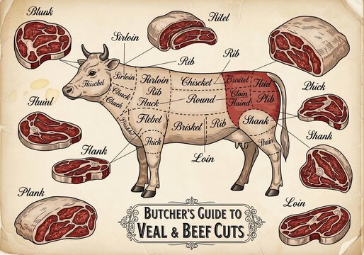 Vintage Butcher's Almanac: A Textured Study of Bovine Cuts