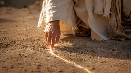 Plakat Closeup of a person in traditional robes drawing a line in the sand