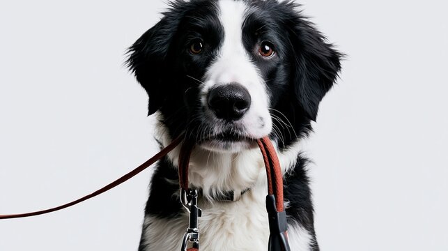 Adorable black and white Border Collie puppy holding a leash in its mouth, eagerly waiting to go out, loyal companion