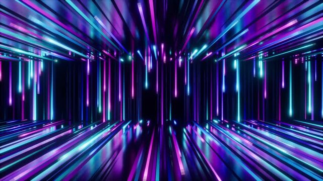 Glowing neon tunnel with radiant light streaks and deep perspective, looped video