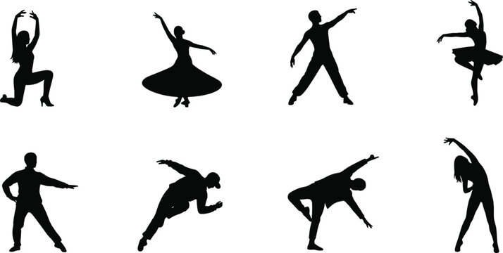 Diverse collection of dancer silhouettes performing ballet hip hop contemporary and modern dance styles