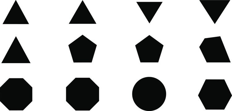 Geometric shapes silhouette vector icon set with triangles, polygons, and circle isolated on white background